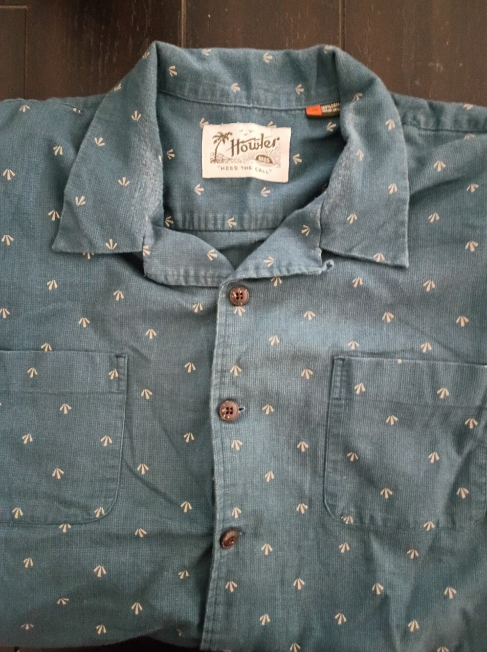 Blue-Teal Button-Up Shirt with Small Cream Motif
